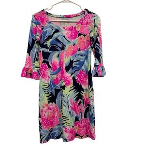 Lilly Pulitzer Sophie UPF 50 Ruffle High Tide Navy Tropicolada Dress Size XXS
